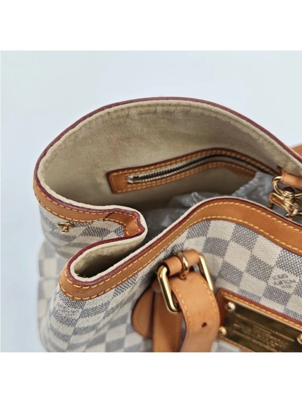 Louis Vuitton Damier Azur Check Canvas Tote with Tan Leather & Gold Hardware - Picture 9 of 14